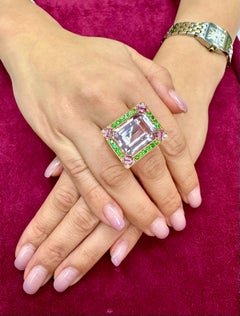 26 Cts Kunzite, Pink Sapphires, Tsavorite & Diamond Ring. XXL Statement Piece.