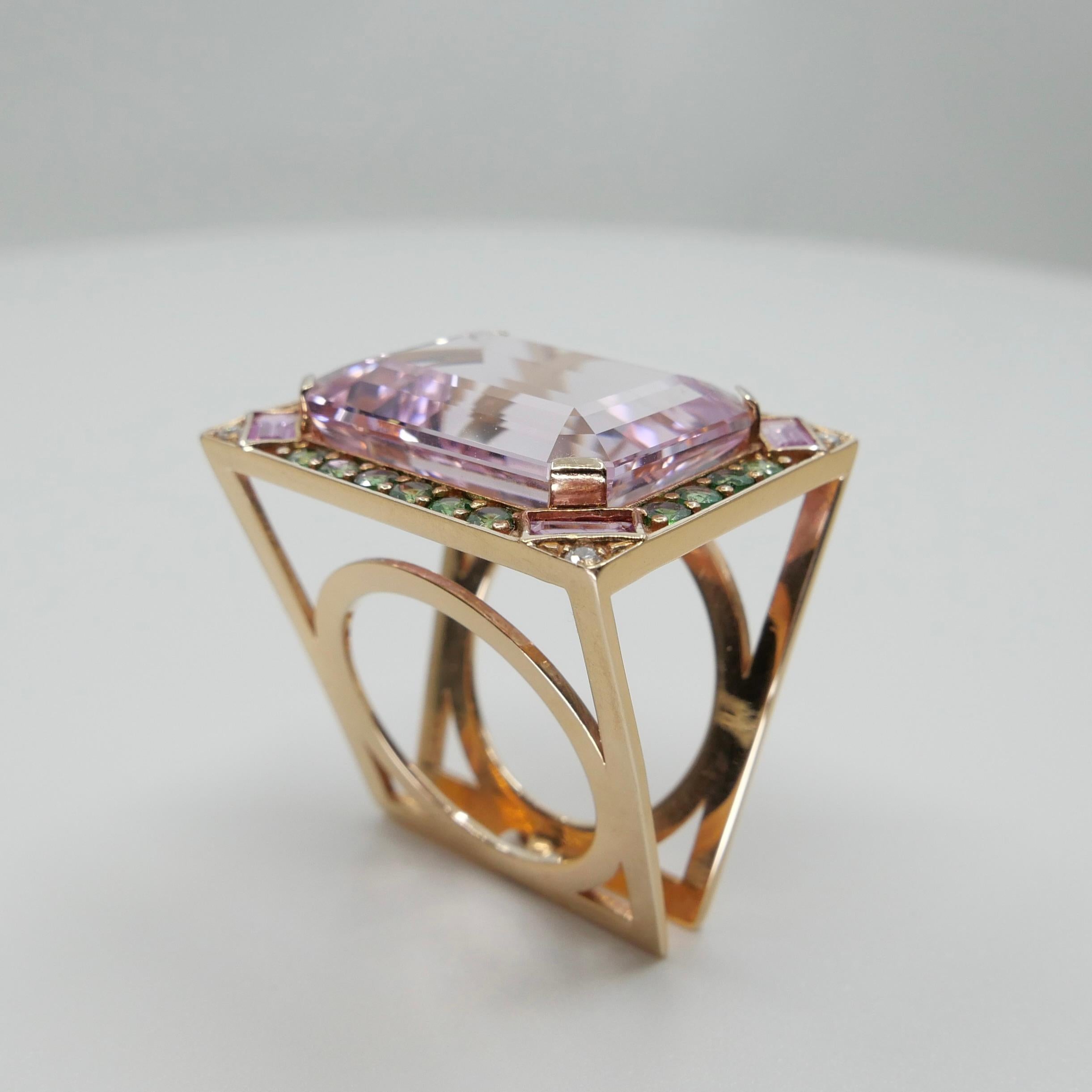 Emerald Cut 26 Cts Kunzite, Pink Sapphires, Tsavorite & Diamond Ring. XXL Statement Piece. For Sale