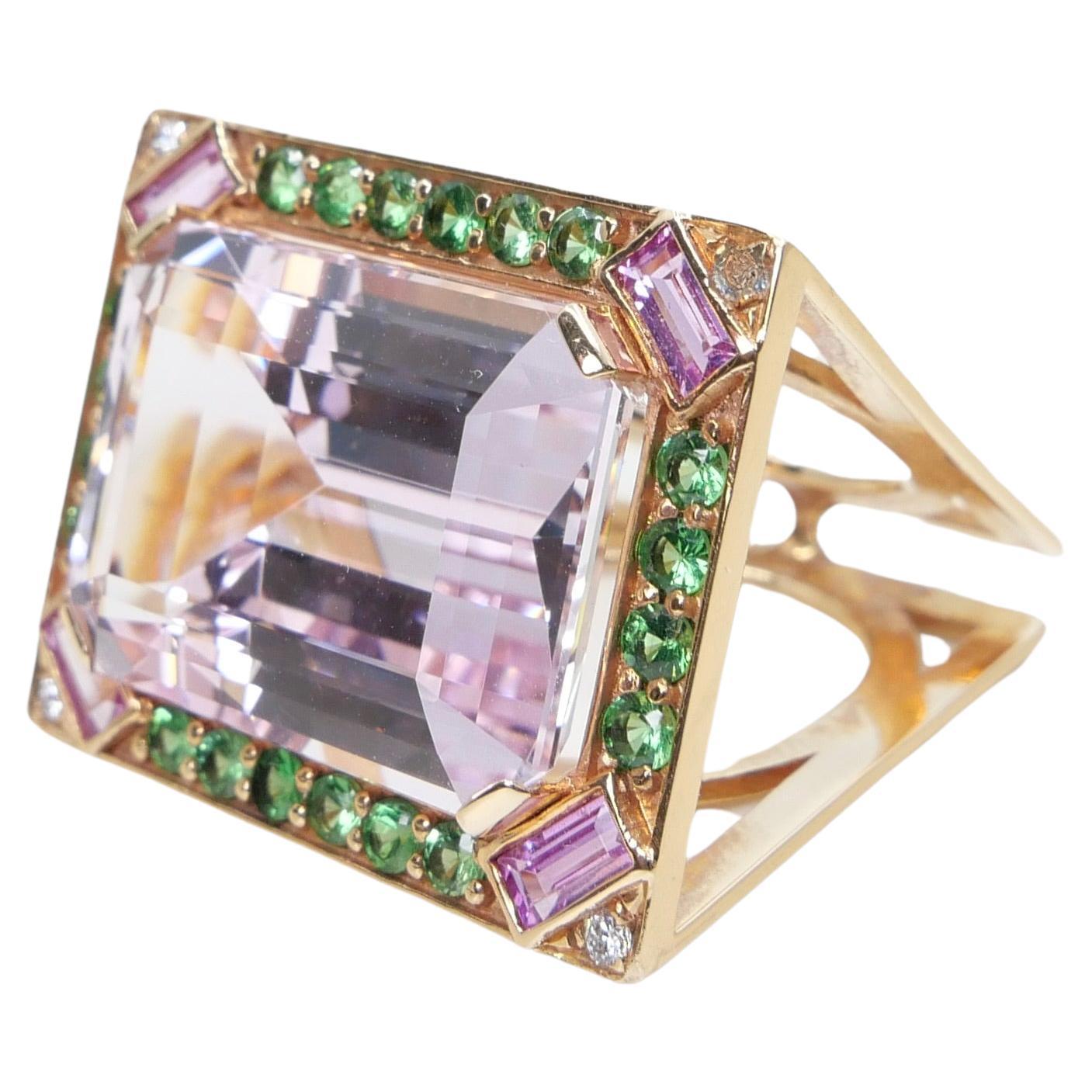Women's 26 Cts Kunzite, Pink Sapphires, Tsavorite & Diamond Ring. XXL Statement Piece. For Sale