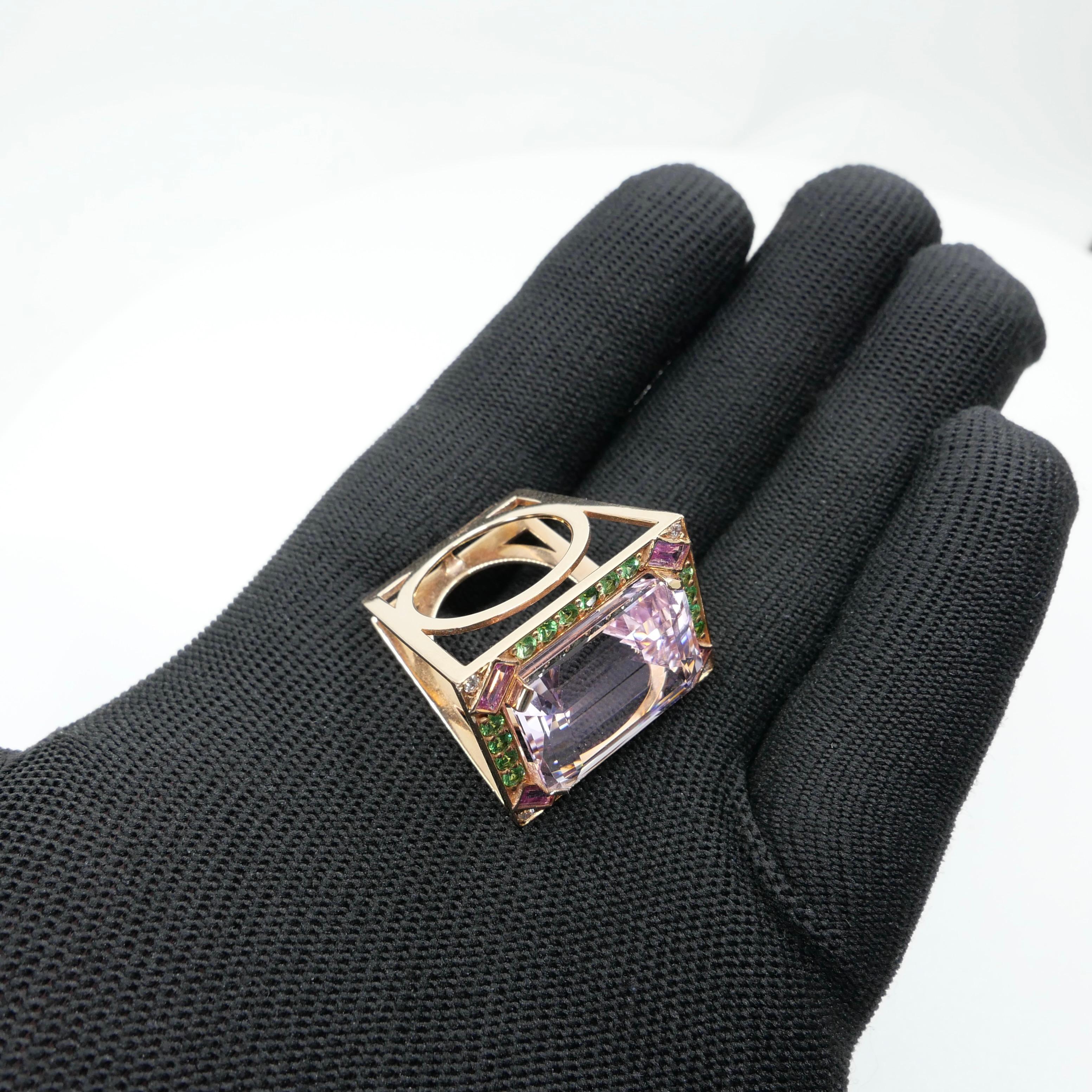 26 Cts Kunzite, Pink Sapphires, Tsavorite & Diamond Ring. XXL Statement Piece. For Sale 1