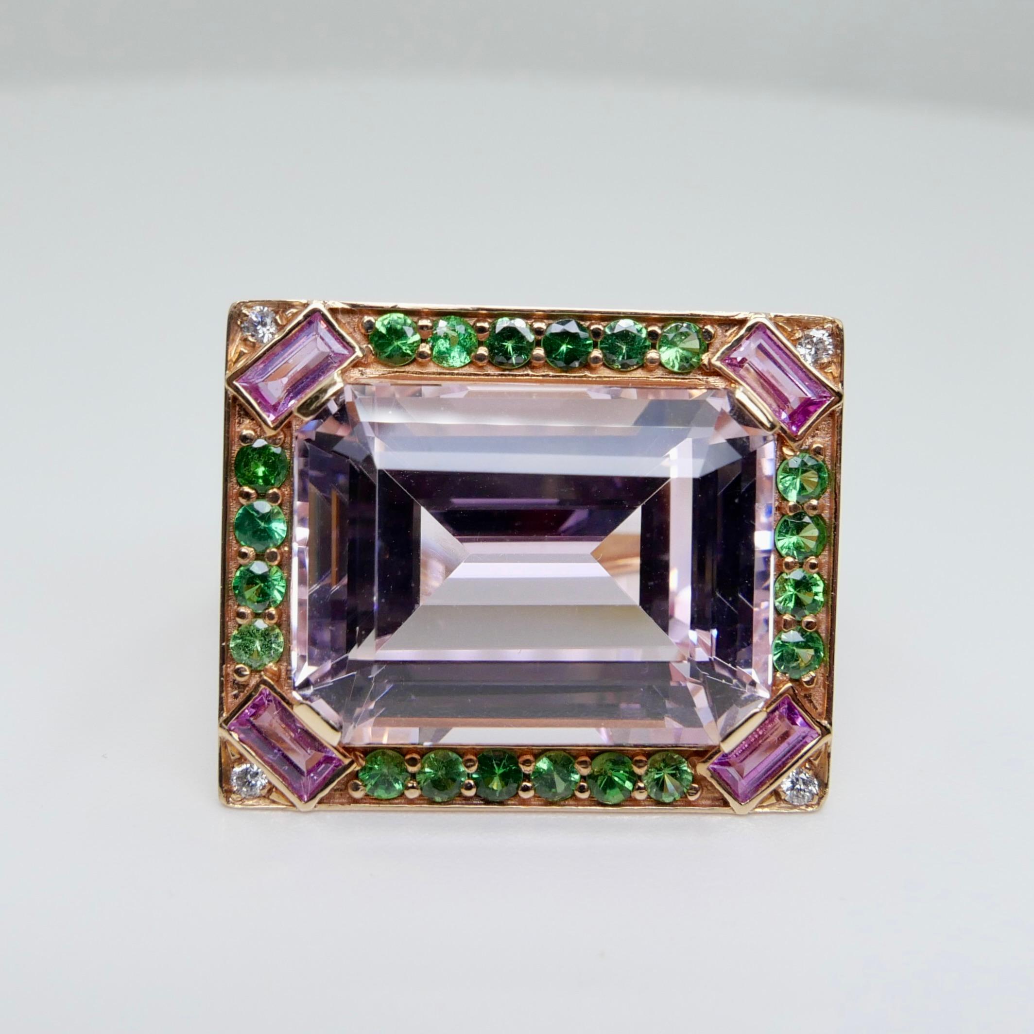 26 Cts Kunzite, Pink Sapphires, Tsavorite & Diamond Ring. XXL Statement Piece. For Sale 2