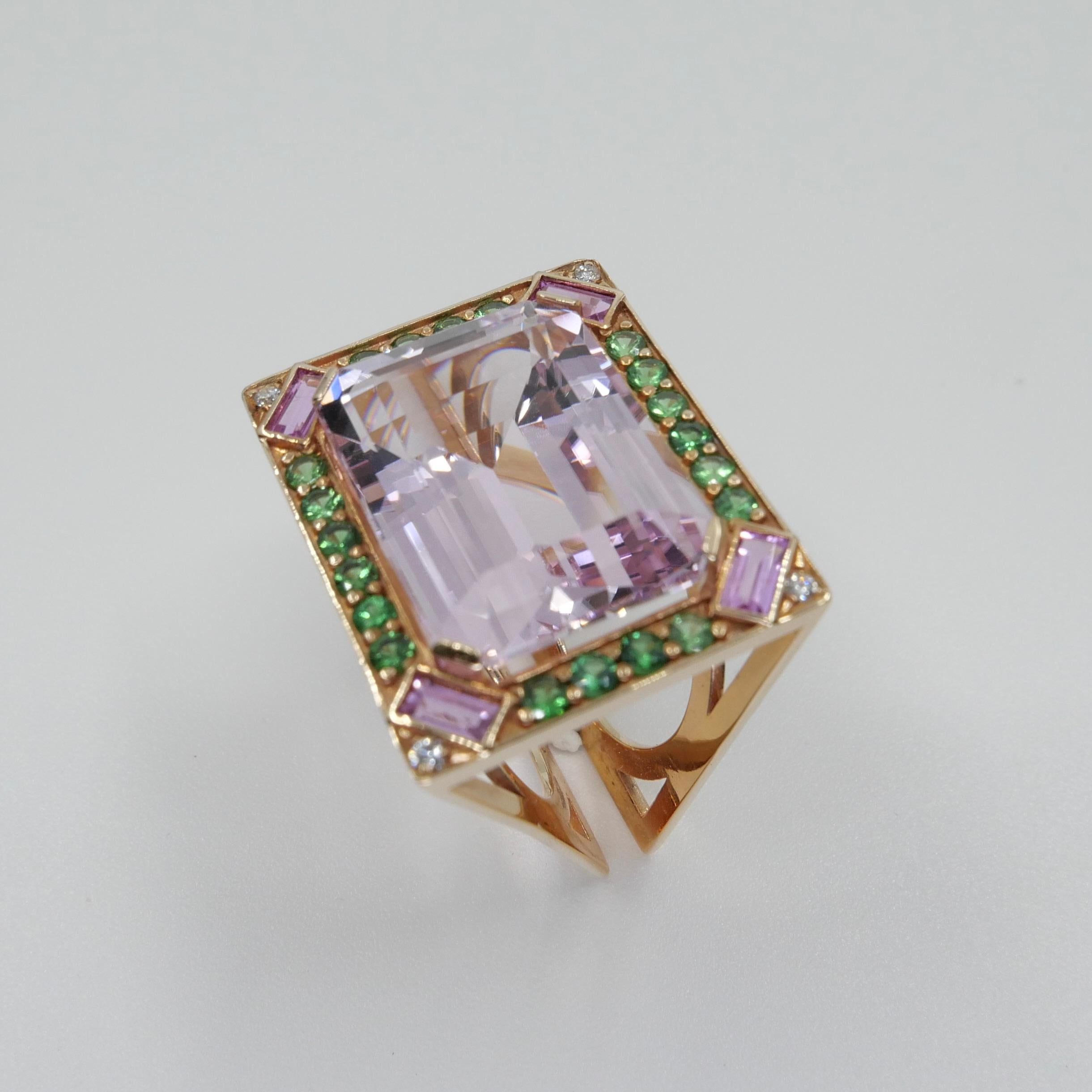 26 Cts Kunzite, Pink Sapphires, Tsavorite & Diamond Ring. XXL Statement Piece. For Sale 4