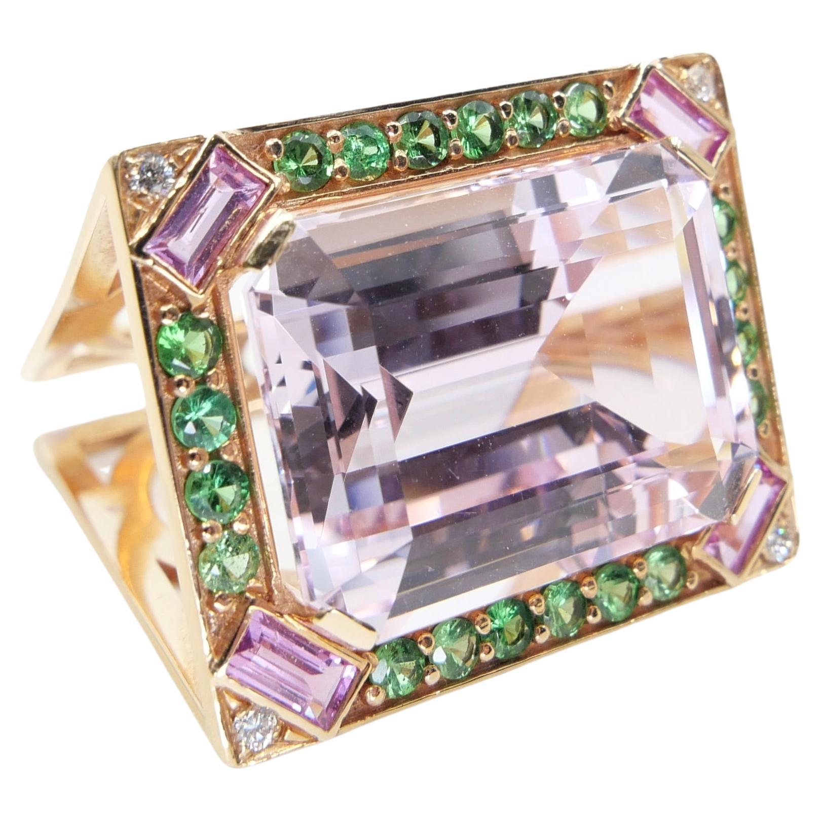 26 Cts Kunzite, Pink Sapphires, Tsavorite & Diamond Ring. XXL Statement Piece. For Sale