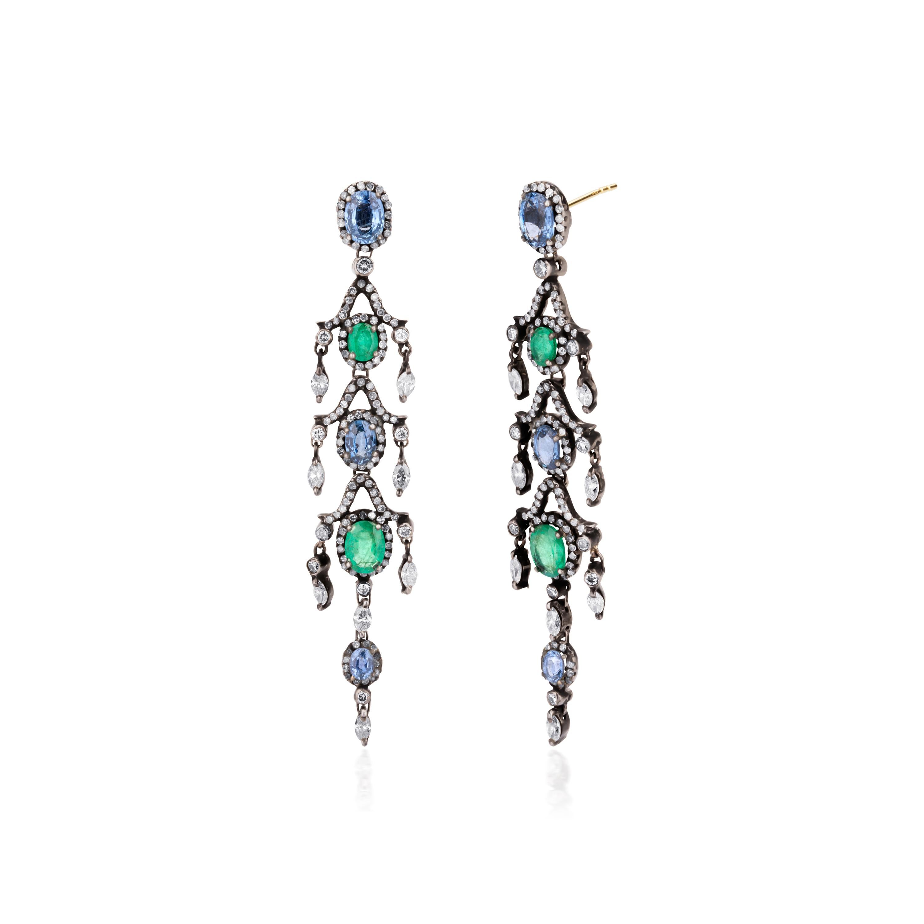 Oval Cut 26ctw Emerald and Blue Sapphire with Diamond Victorian Chandelier Earrings For Sale