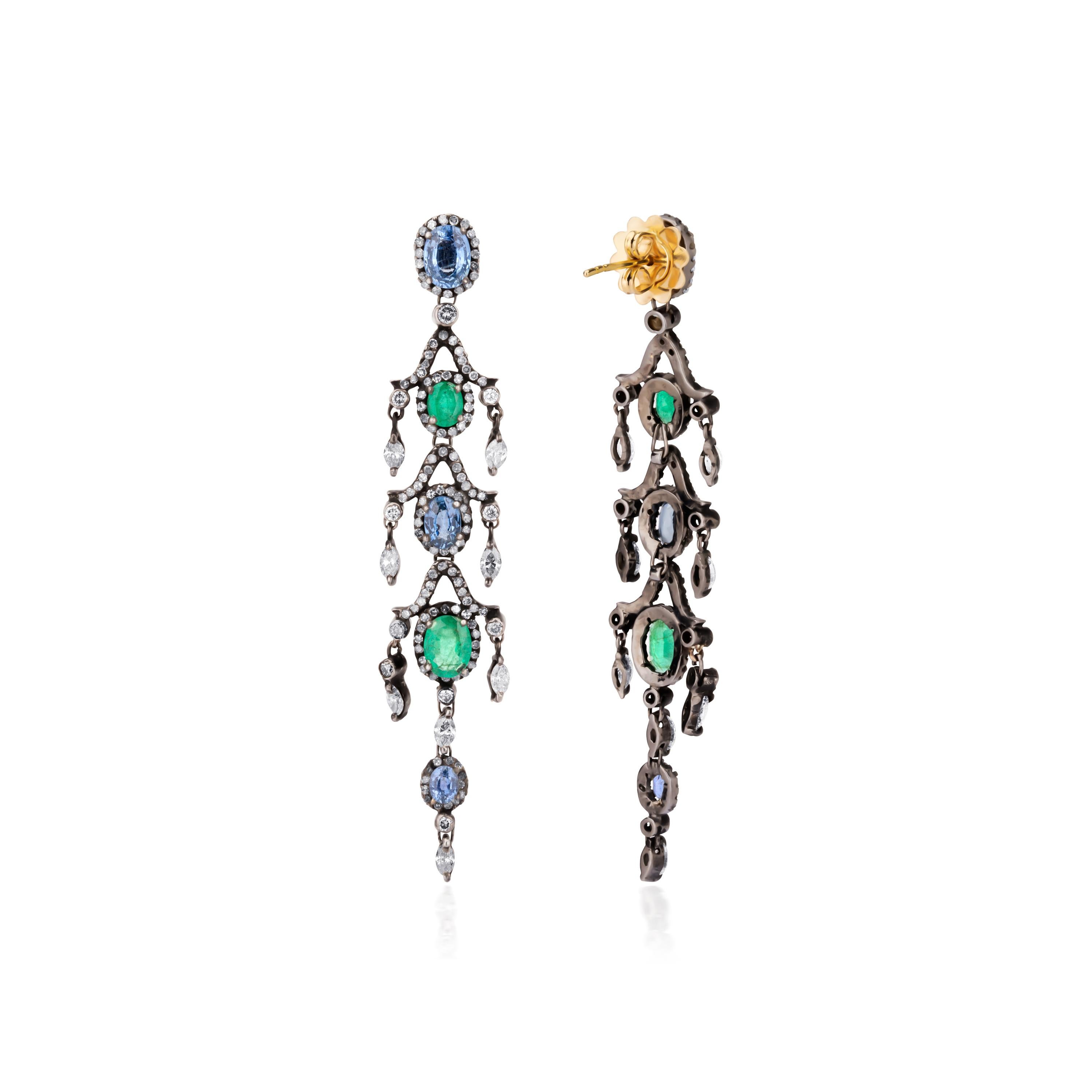 26ctw Emerald and Blue Sapphire with Diamond Victorian Chandelier Earrings In New Condition For Sale In New York, NY