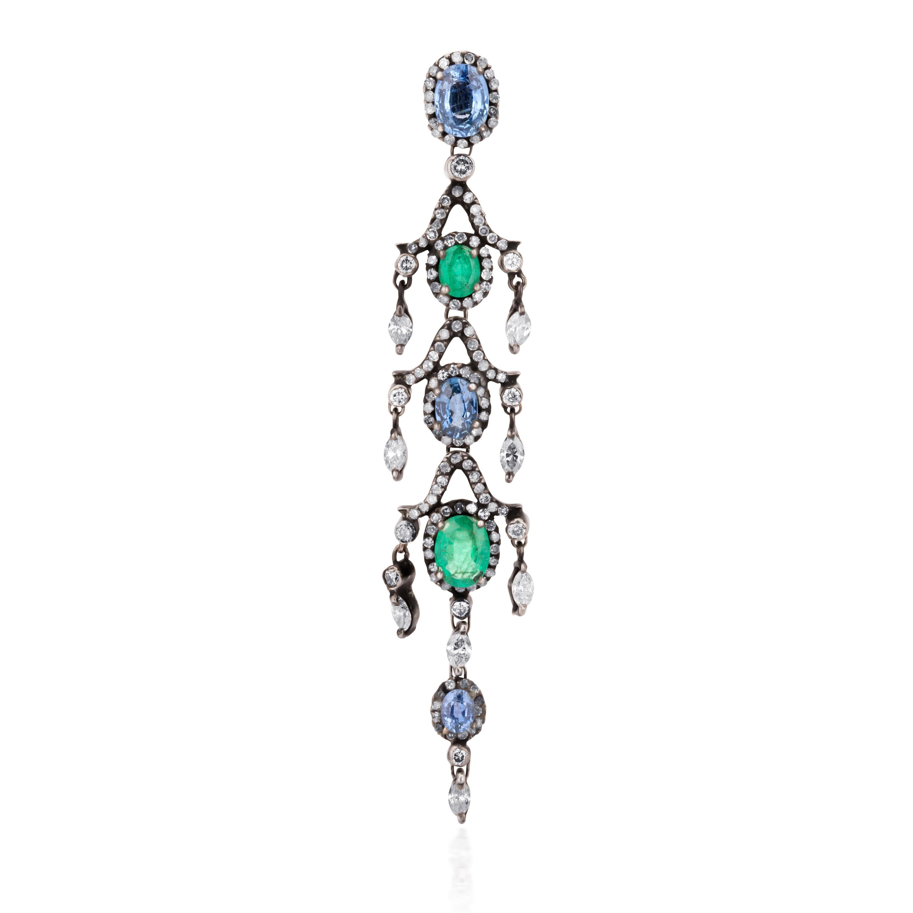 Women's 26ctw Emerald and Blue Sapphire with Diamond Victorian Chandelier Earrings For Sale