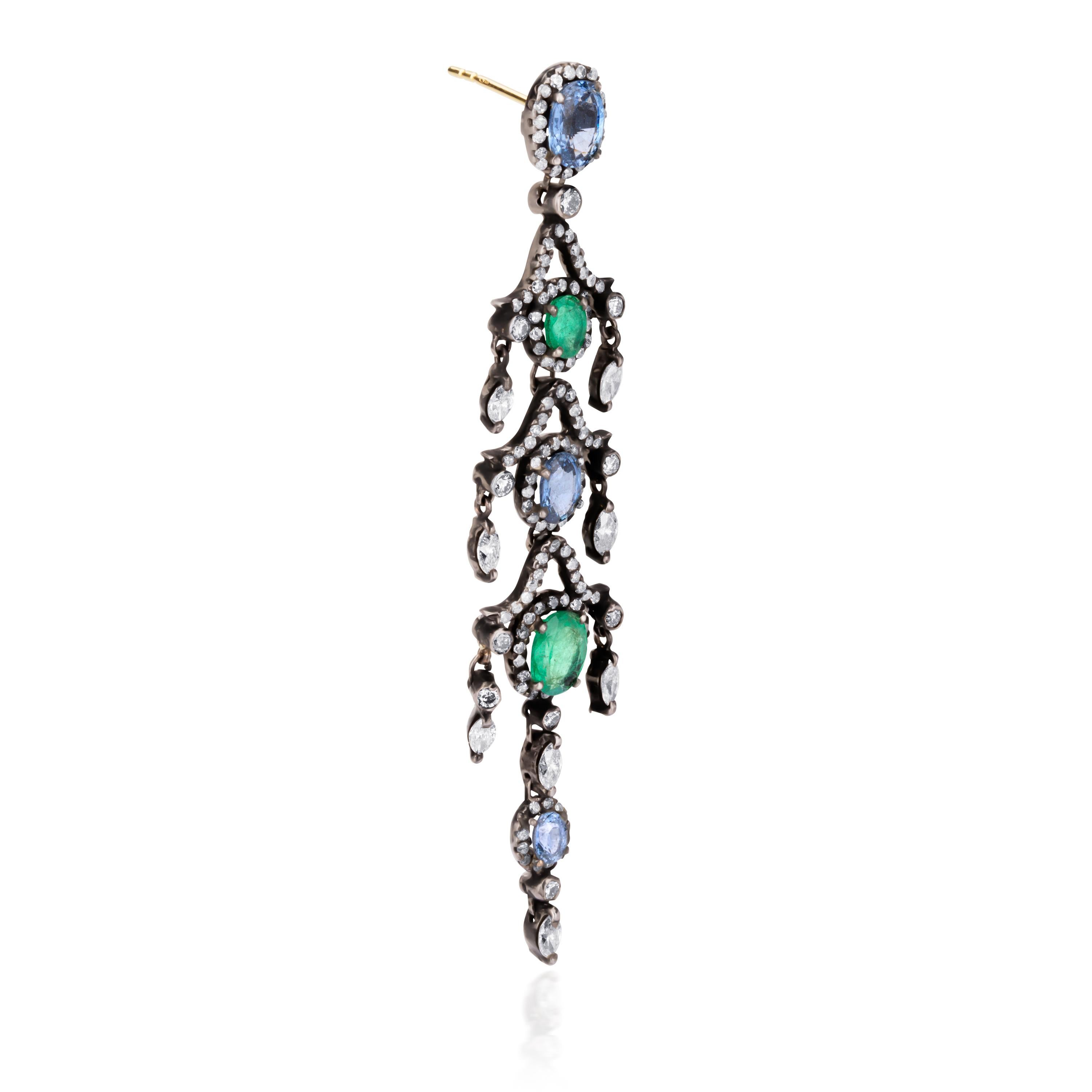 26ctw Emerald and Blue Sapphire with Diamond Victorian Chandelier Earrings For Sale 1
