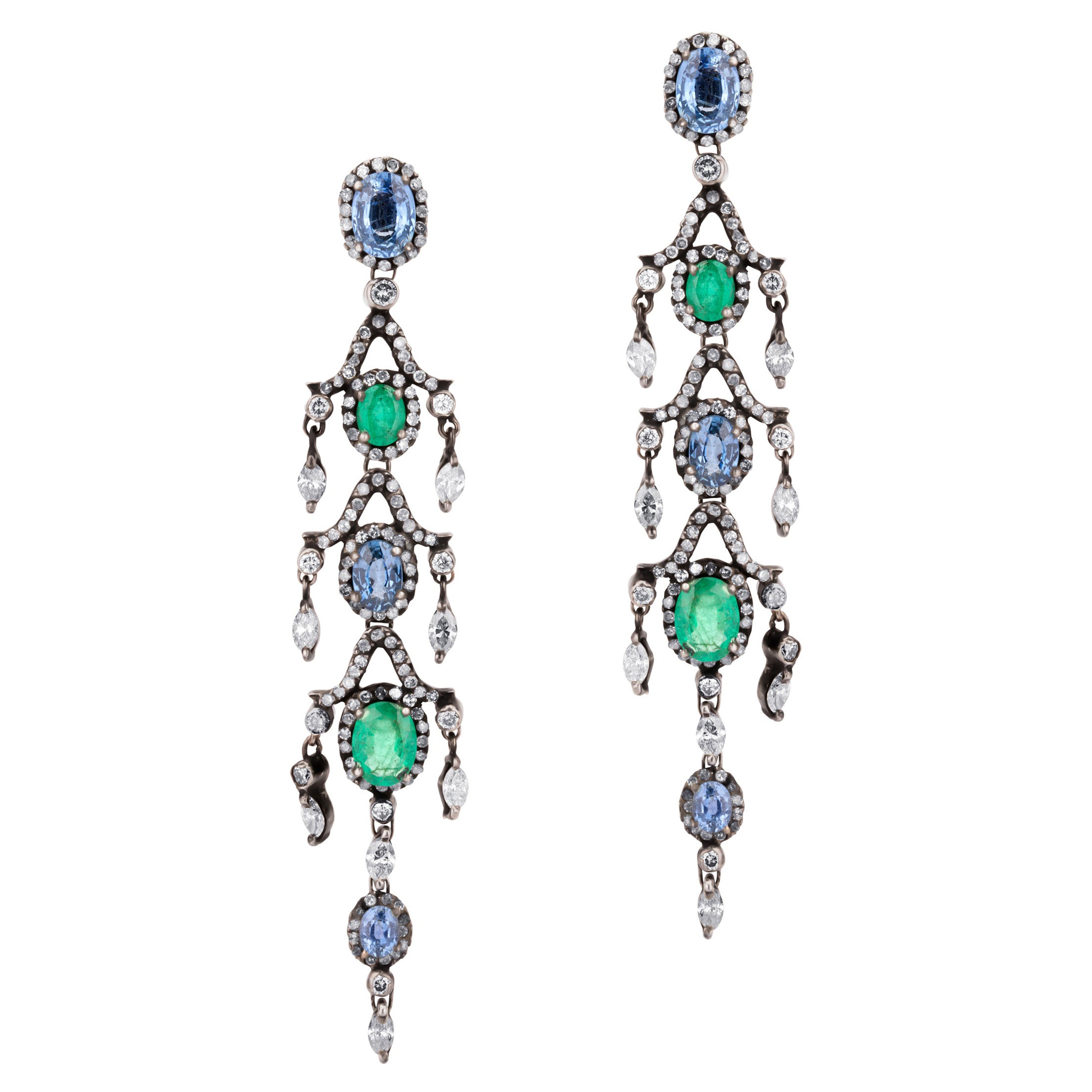 26ctw Emerald and Blue Sapphire with Diamond Victorian Chandelier Earrings For Sale