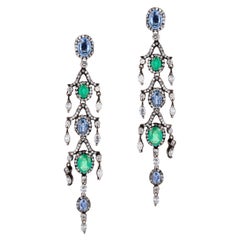 26ctw Emerald and Blue Sapphire with Diamond Victorian Chandelier Earrings