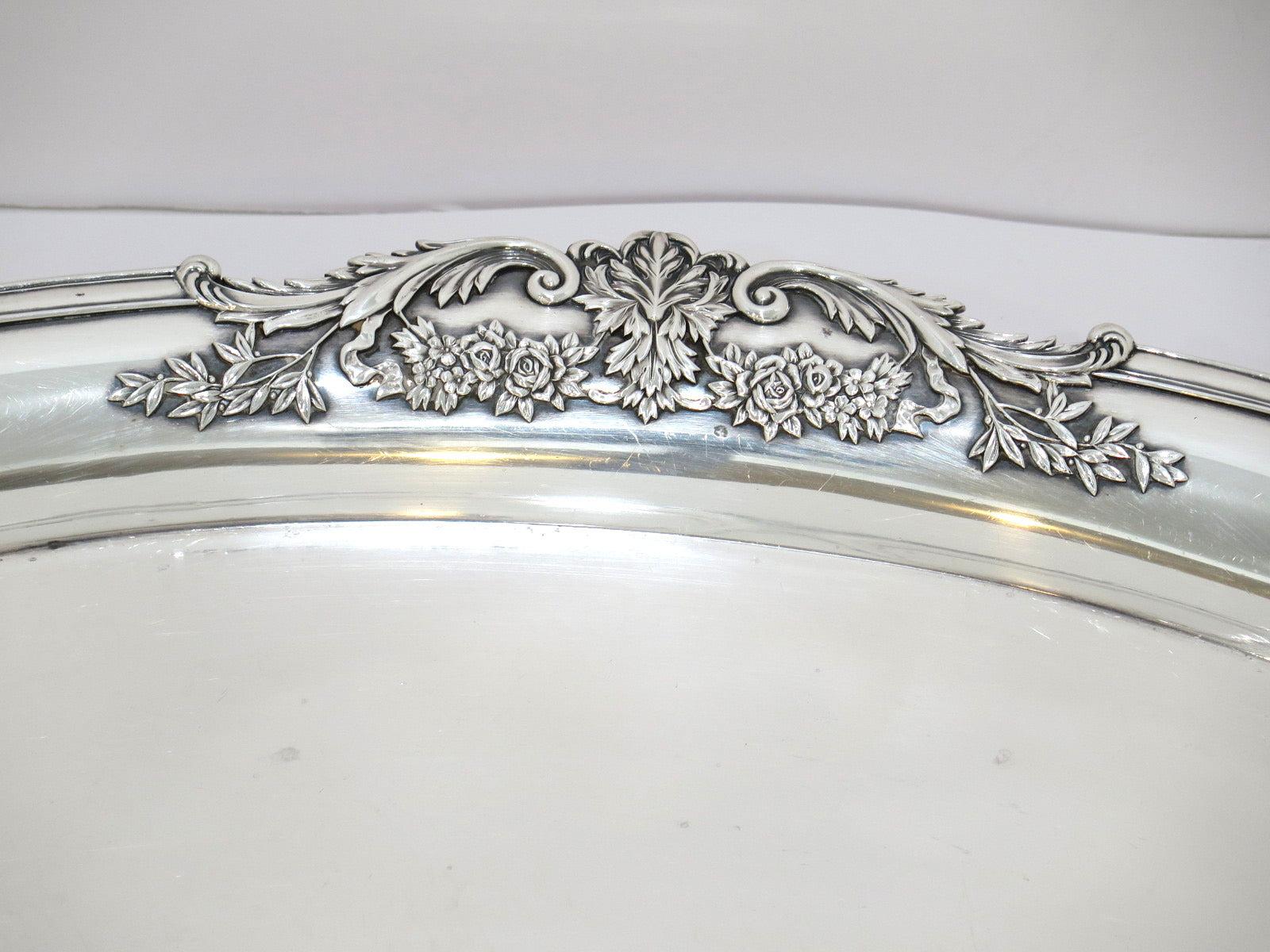 26 in - 950 Silver Antique Japanese Cornucopias Foliate Pattern Oval Tray In Good Condition In Brooklyn, NY
