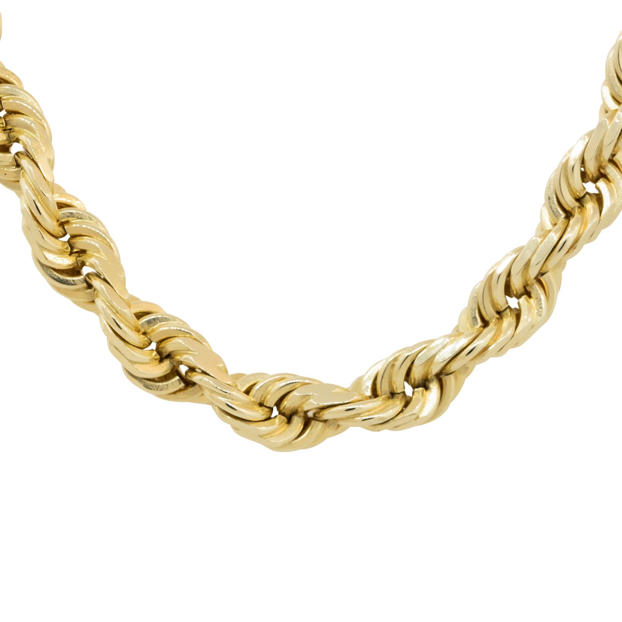 14k Yellow Gold 26″ Men's Solid Rope Chain

Material: 14k Yellow Gold
Measurements: Necklace Measures 26″ in Length and 9.38mm in width
Fastening: Spring Ring Clasp
Item Weight: 178.4g (114.7dwt)
Additional Details: This item comes with a