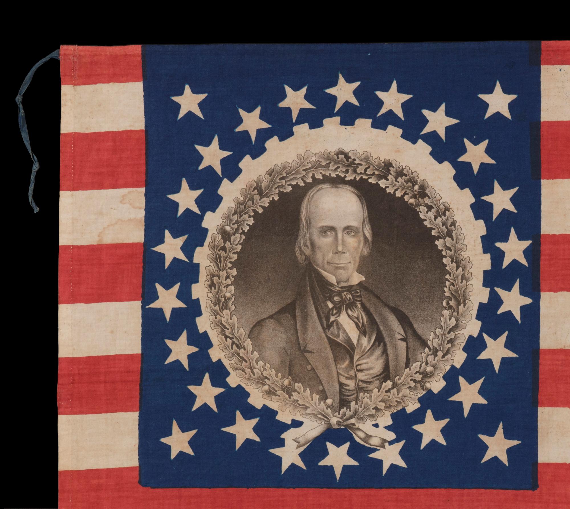 26 Star American Parade Flag, Made for the 1844 Presidential Campaign of Henry Clay and Theodore Freylinghuysen, with Clay’s Portrait Set Within an Oak Leaf & Gear Cog Medallion and the Rare Presence of Coattail Candidates Stockton &