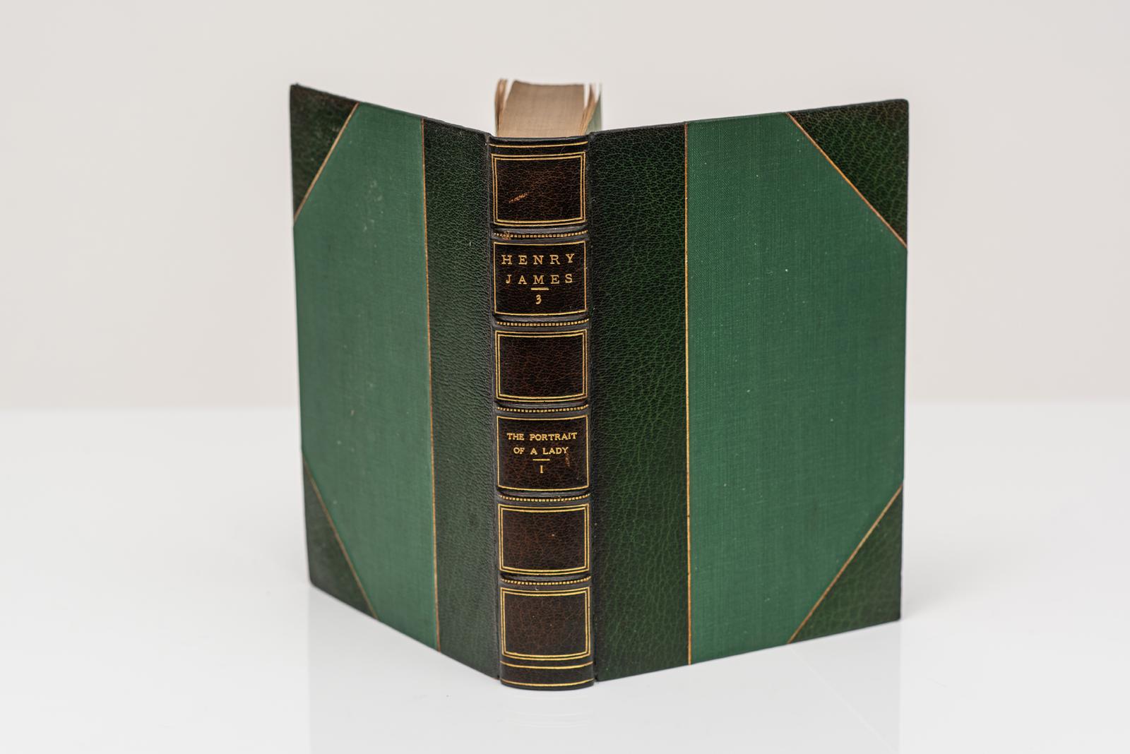 26 Volumes. Henry James, The Novels and Tales of...The New York Edition. First Edition. Bound in 3/4 green morocco. Top edges gilt. Marbled endpapers. Photogravure frontispiece by Alvin Langdon Coburn. New York: Charles Scribers' Sons, 1907 - 1918. 