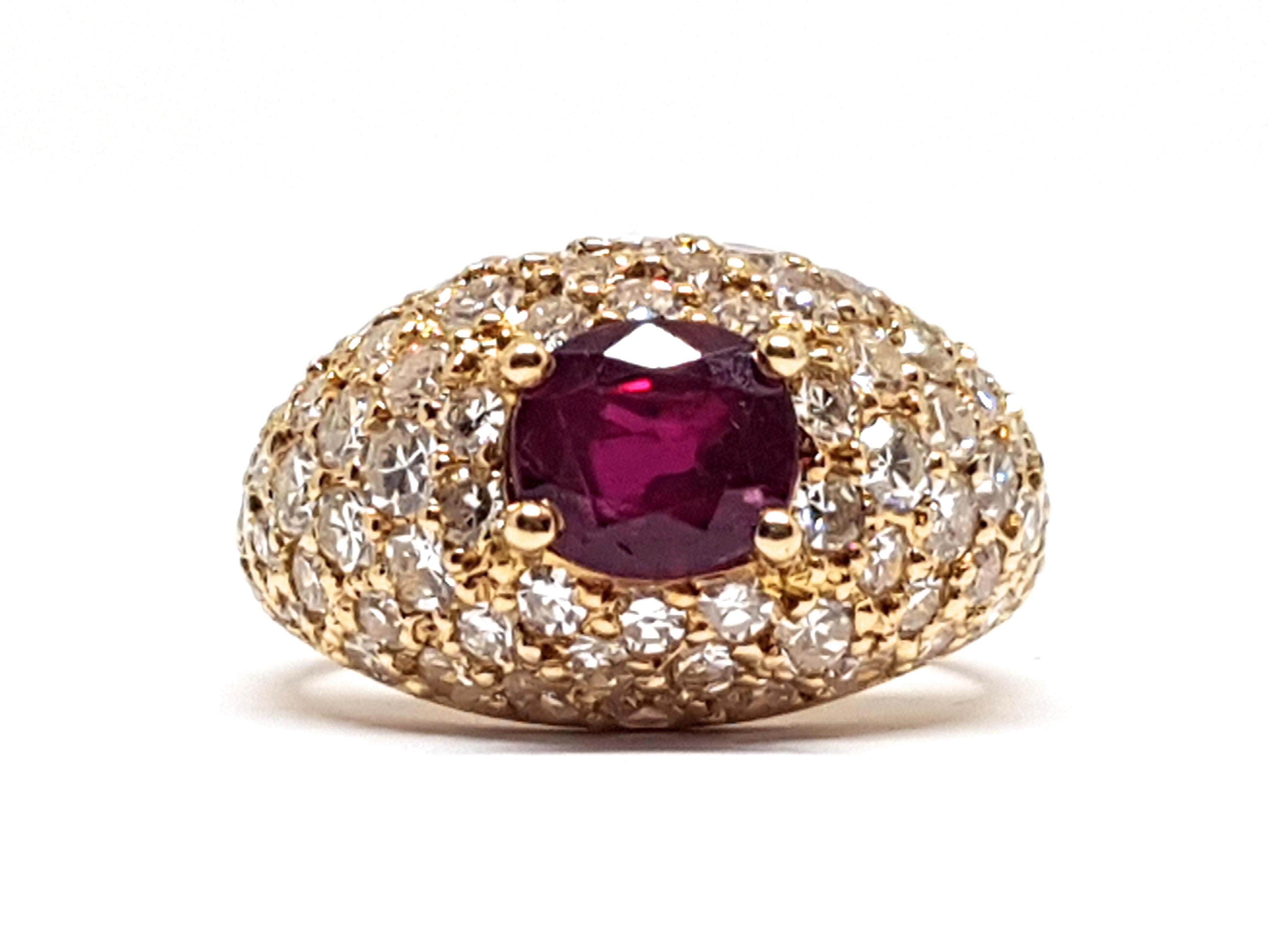 Gold: 18 Karat Yellow Gold 
Weight: 5.20gr. 
Diamonds: 1.60 ct. Colour: F clarity: VS1 
Ruby: 1.00ct. 
Width: 1.60 cm. 
Ring size: 52 / 16.75mm 
Free resizing of Ring up to size 60 / 19mm / US 9 
All our jewellery comes with a certificate and 5