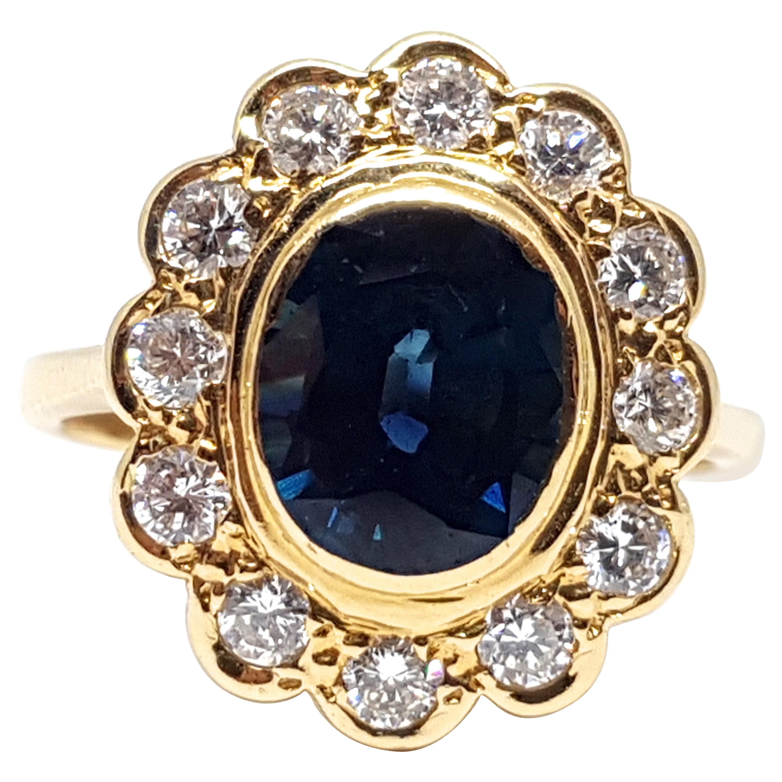 2.60 Carat 18 Karat Yellow Gold Diamond Sapphire Princess Diana Ring