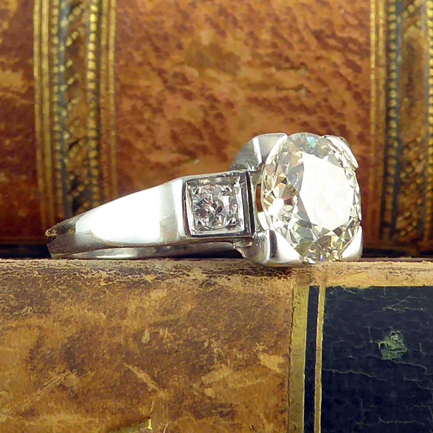 Women's 2.60 Carat Art Deco Diamond Ring, Early Brilliant/Old European Cut Diamonds