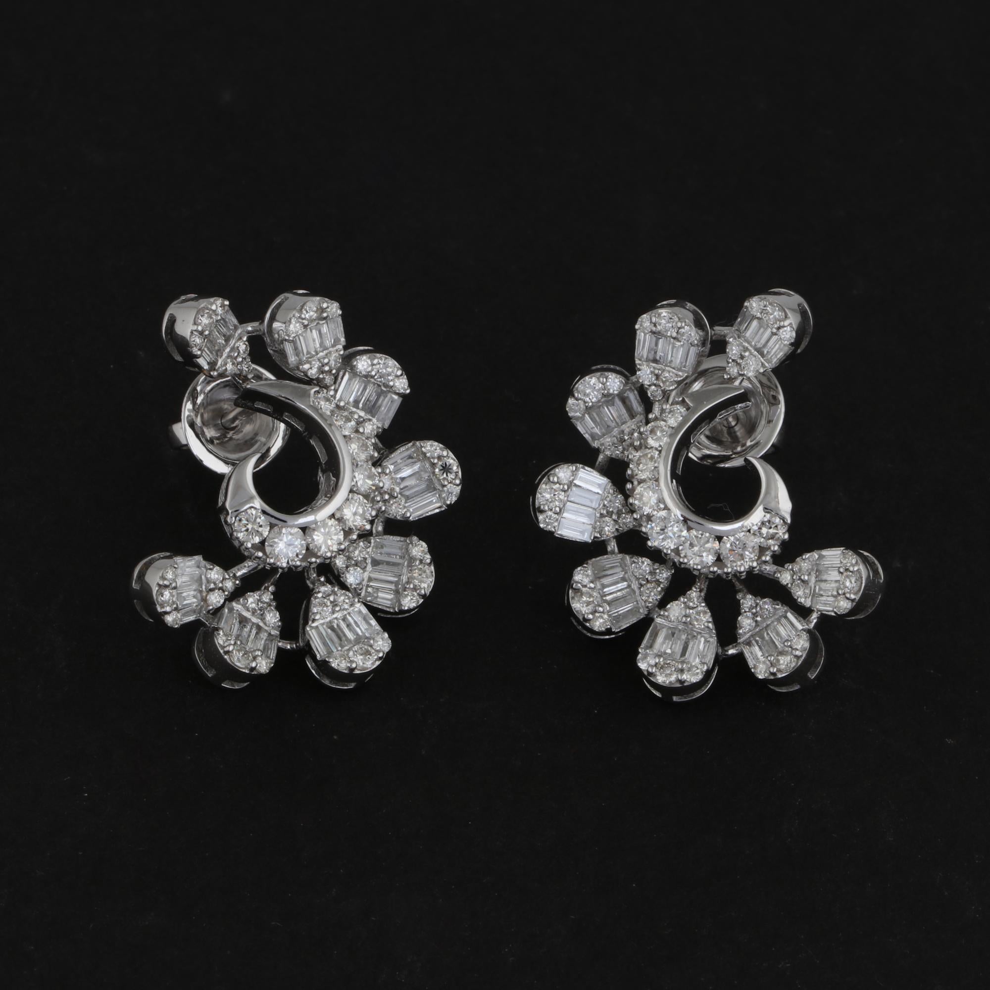 Modern 2.60 Carat Baguette Round Diamond Stud Earrings 18 Karat White Gold Fine Jewelry For Sale