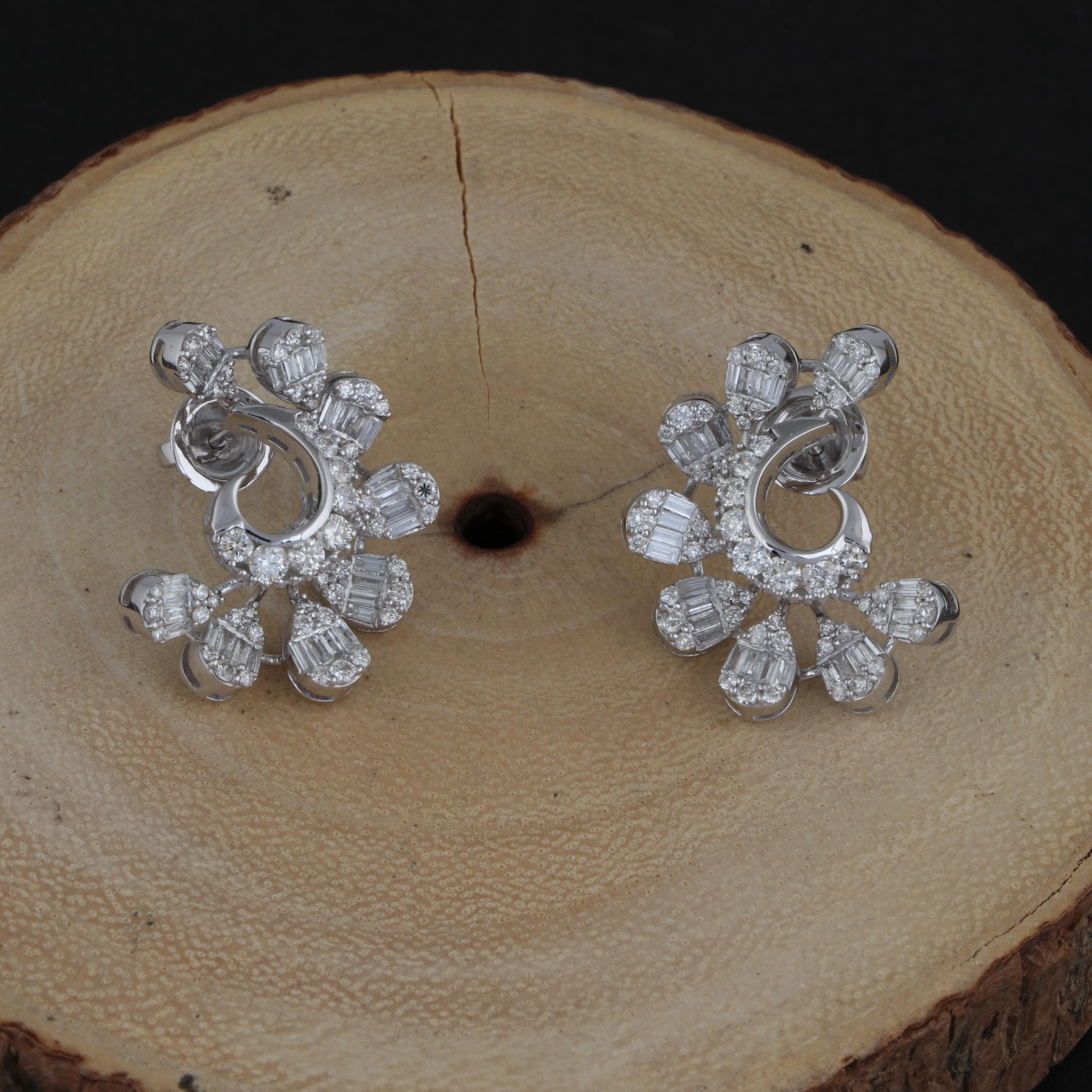 Baguette Cut 2.60 Carat Baguette Round Diamond Stud Earrings 18 Karat White Gold Fine Jewelry For Sale