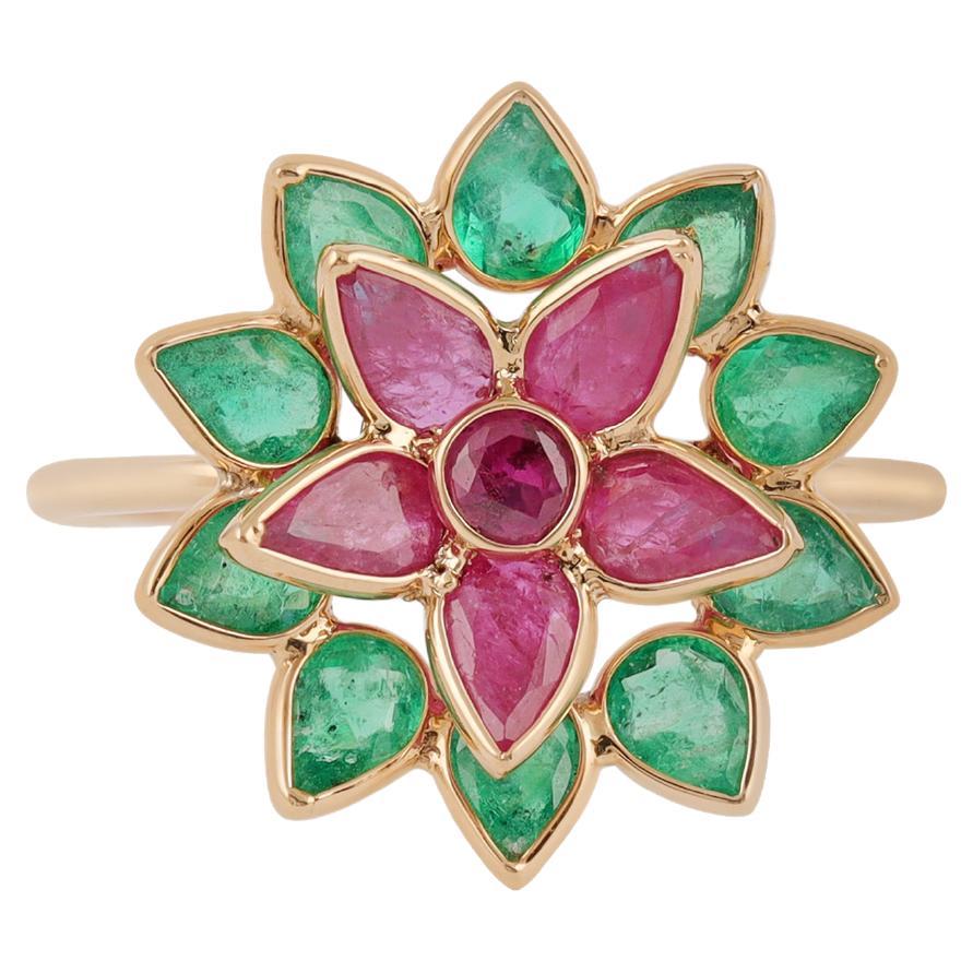 2.60 Carat Clear Emerald Ruby Flower Ring in 18k Gold