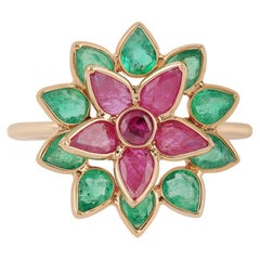 Bague fleur en or 18k de 2,60 carats, émeraude claire et rubis