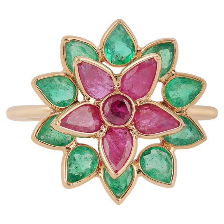 Ruby and Diamond Flower Ring in 14k Gold, Floral Pierced Leaf Asymmetry (LV)  For Sale at 1stDibs