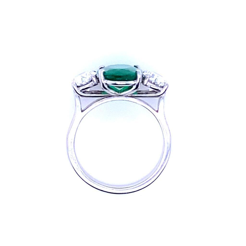 Women's 2.60 Carat Columbian Emerald and Diamond Three Stone Platinum Engagement Ring For Sale