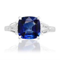 2.60 Carat Cushion Cut Blue Sapphire Diamond Three-Stone Ring in Platinum