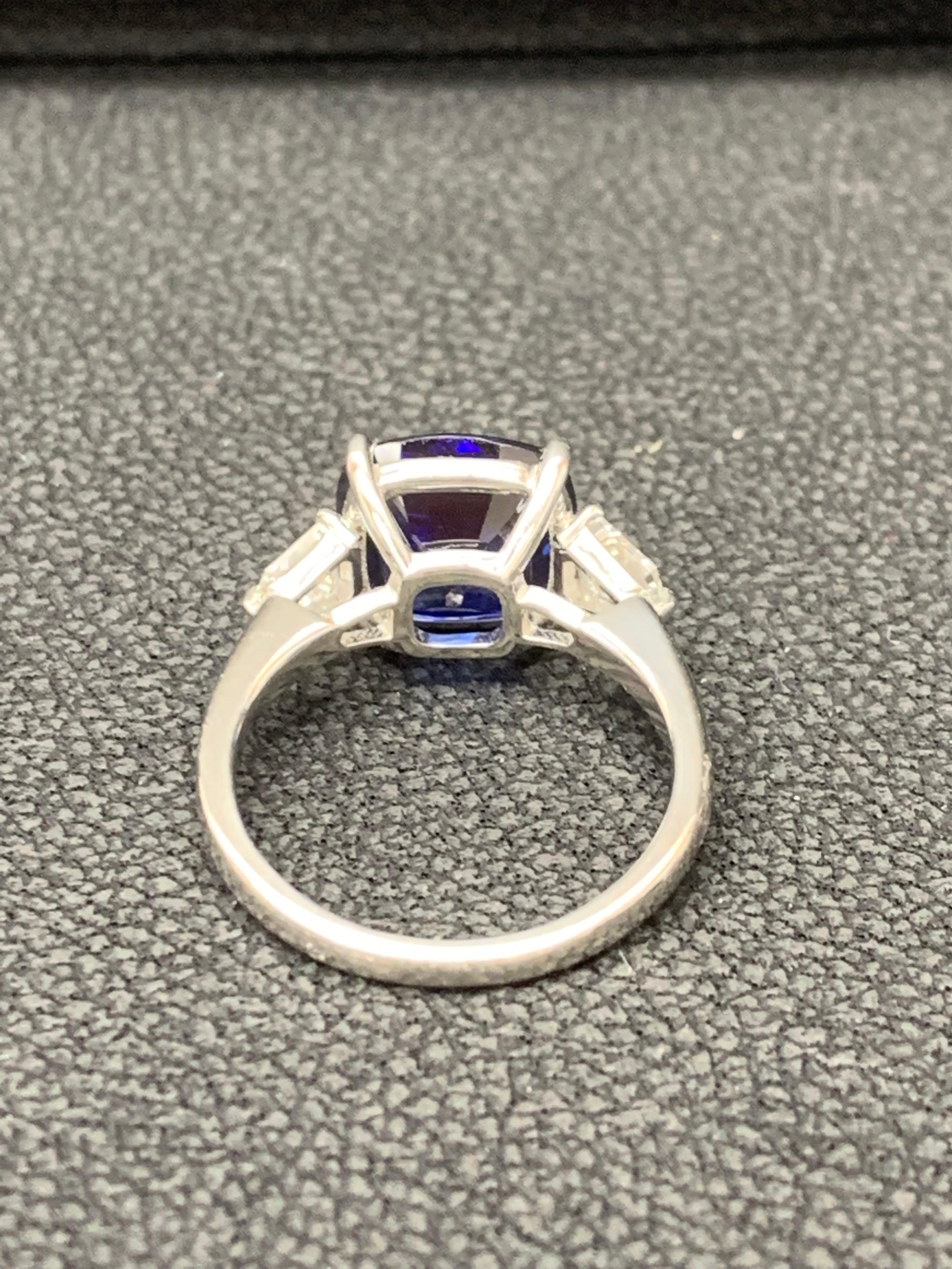Modern 2.60 Carat Cushion Cut Blue Sapphire Diamond Three-Stone Ring in Platinum For Sale