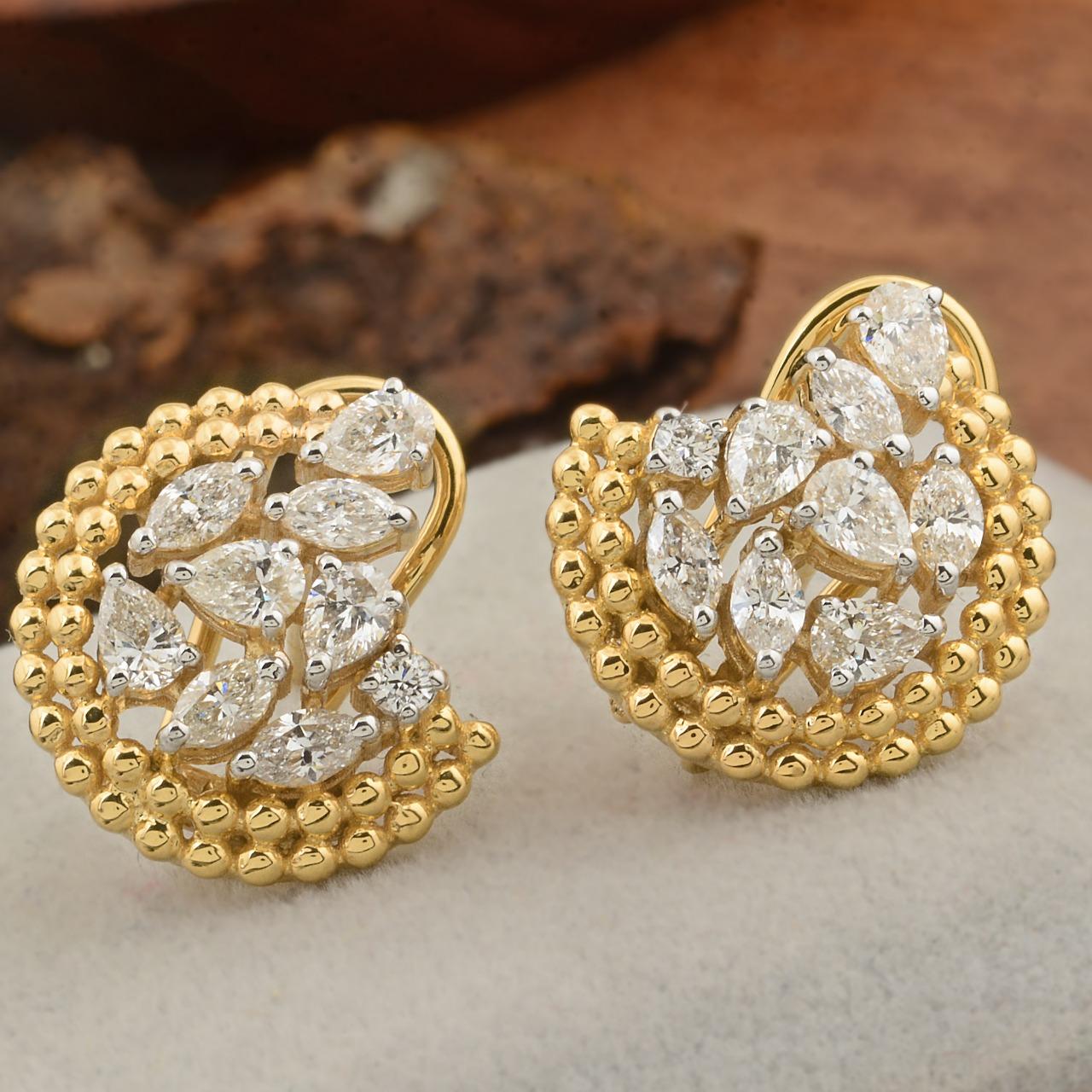 Artisan 2.60 Carat Diamond 14 Karat Gold Floral Stud Earrings For Sale