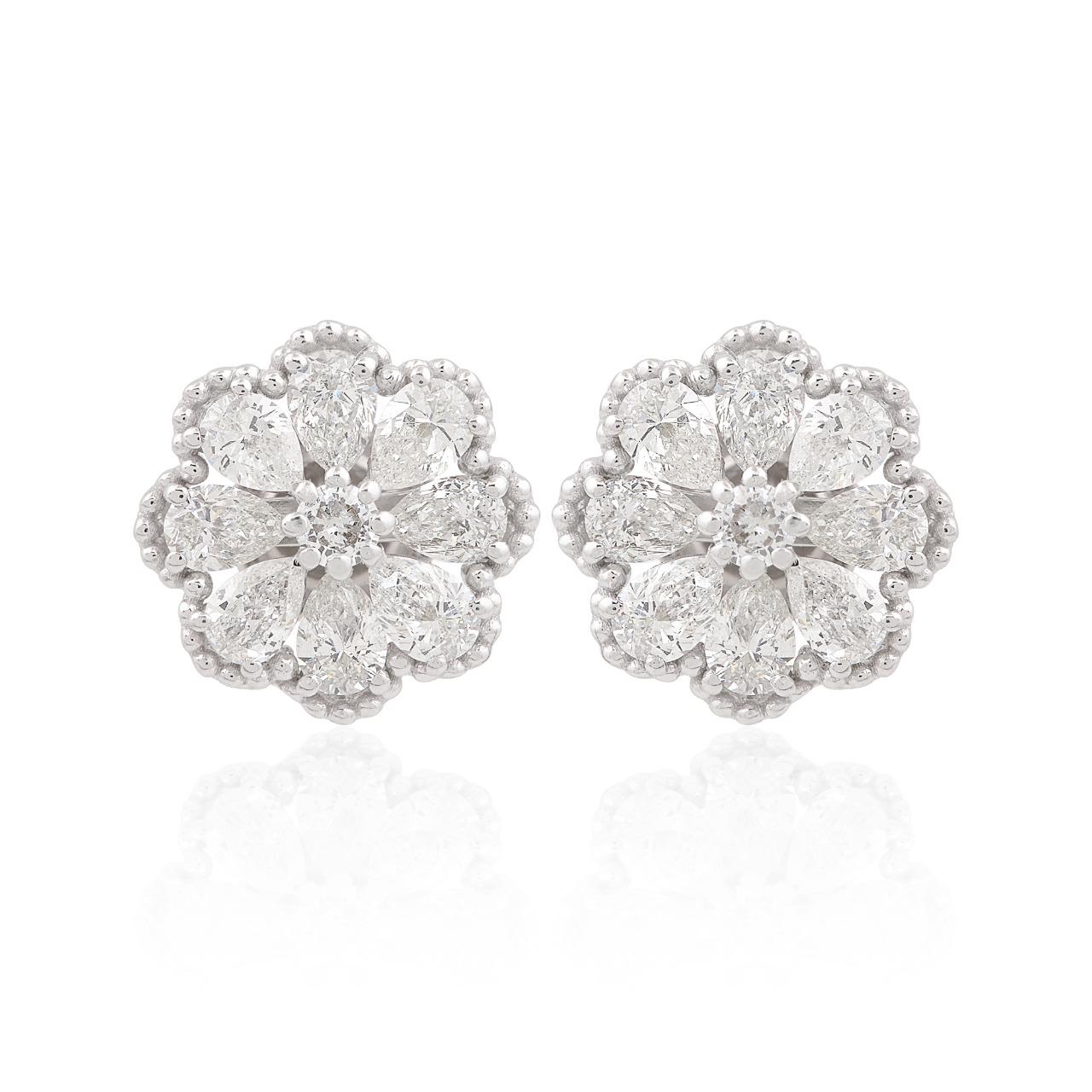 Mixed Cut Meghna Jewels 2.60 Carat Diamond 14 Karat Gold Floral Stud Earrings For Sale