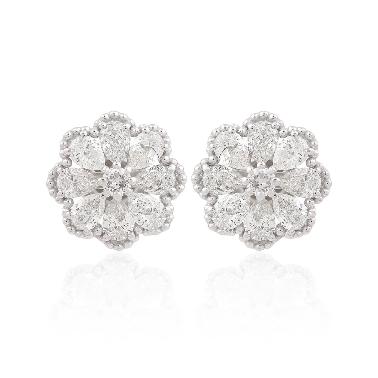 Mixed Cut 2.60 Carat Diamond 14 Karat Gold Floral Stud Earrings For Sale