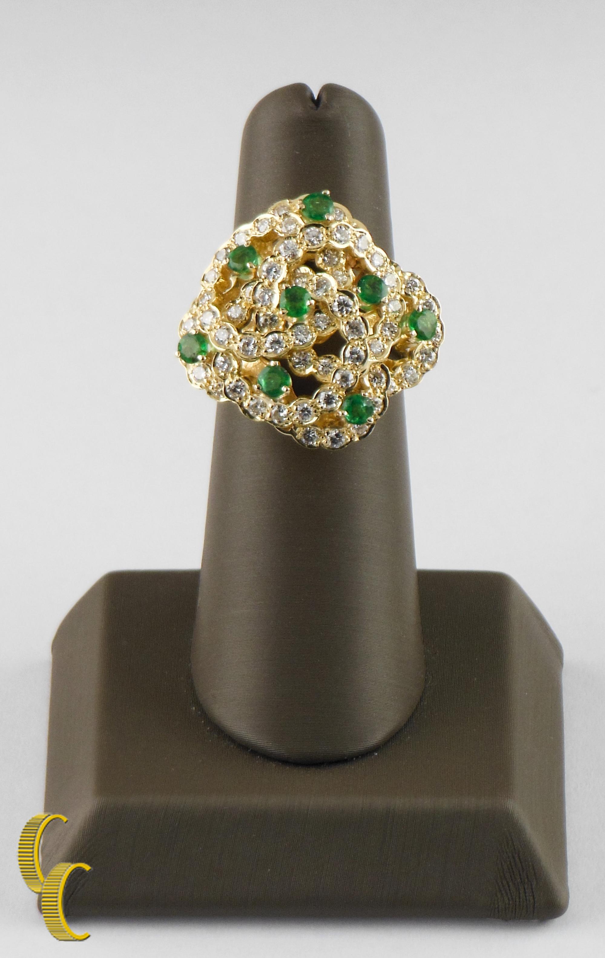 Round Cut 2.60 Carat Diamond and Emerald 18 Karat Yellow Gold Cocktail Ring For Sale