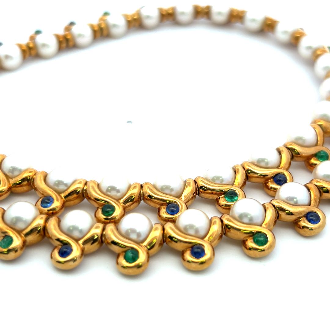 2,60 Karat Smaragd und Saphir 6.1-7.1MM Perle 18K YG Gliederhalskette im Angebot 5