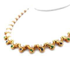 2.60 Carat Emerald and Sapphire 6.1-7.1MM Pearl 18K YG Link Necklace