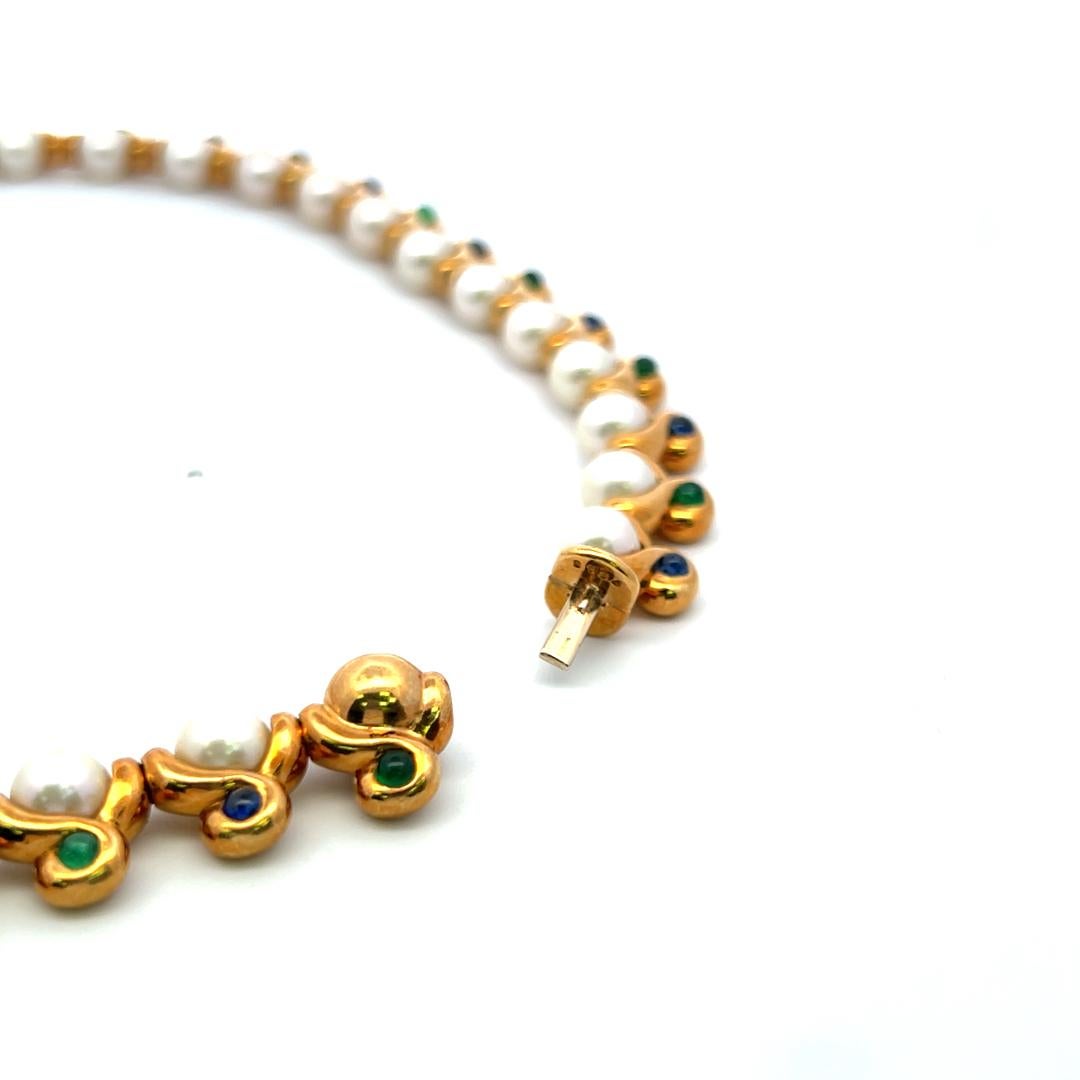 2,60 Karat Smaragd und Saphir 6.1-7.1MM Perle 18K YG Gliederhalskette im Angebot 3