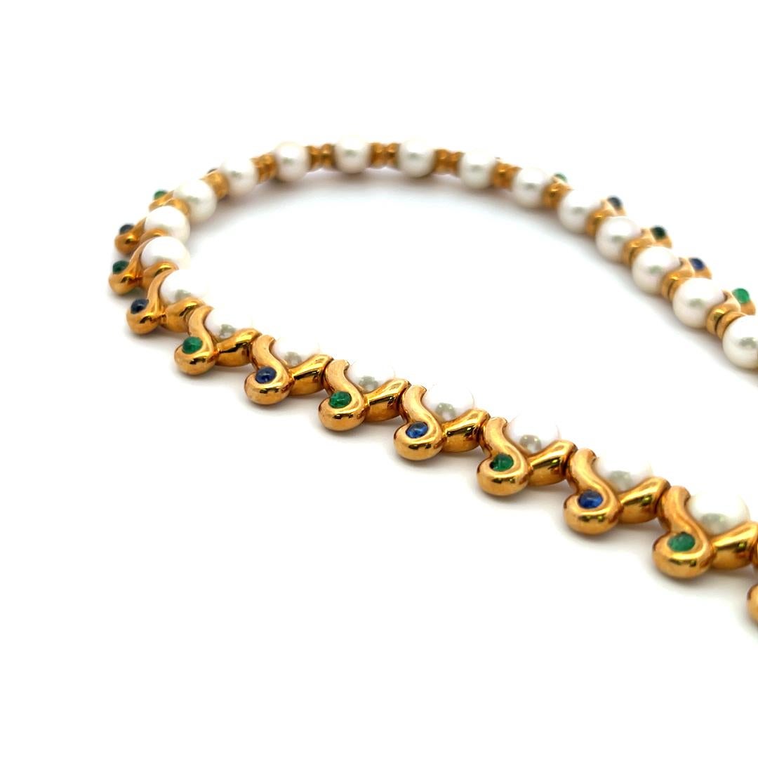 2,60 Karat Smaragd und Saphir 6.1-7.1MM Perle 18K YG Gliederhalskette im Angebot 4