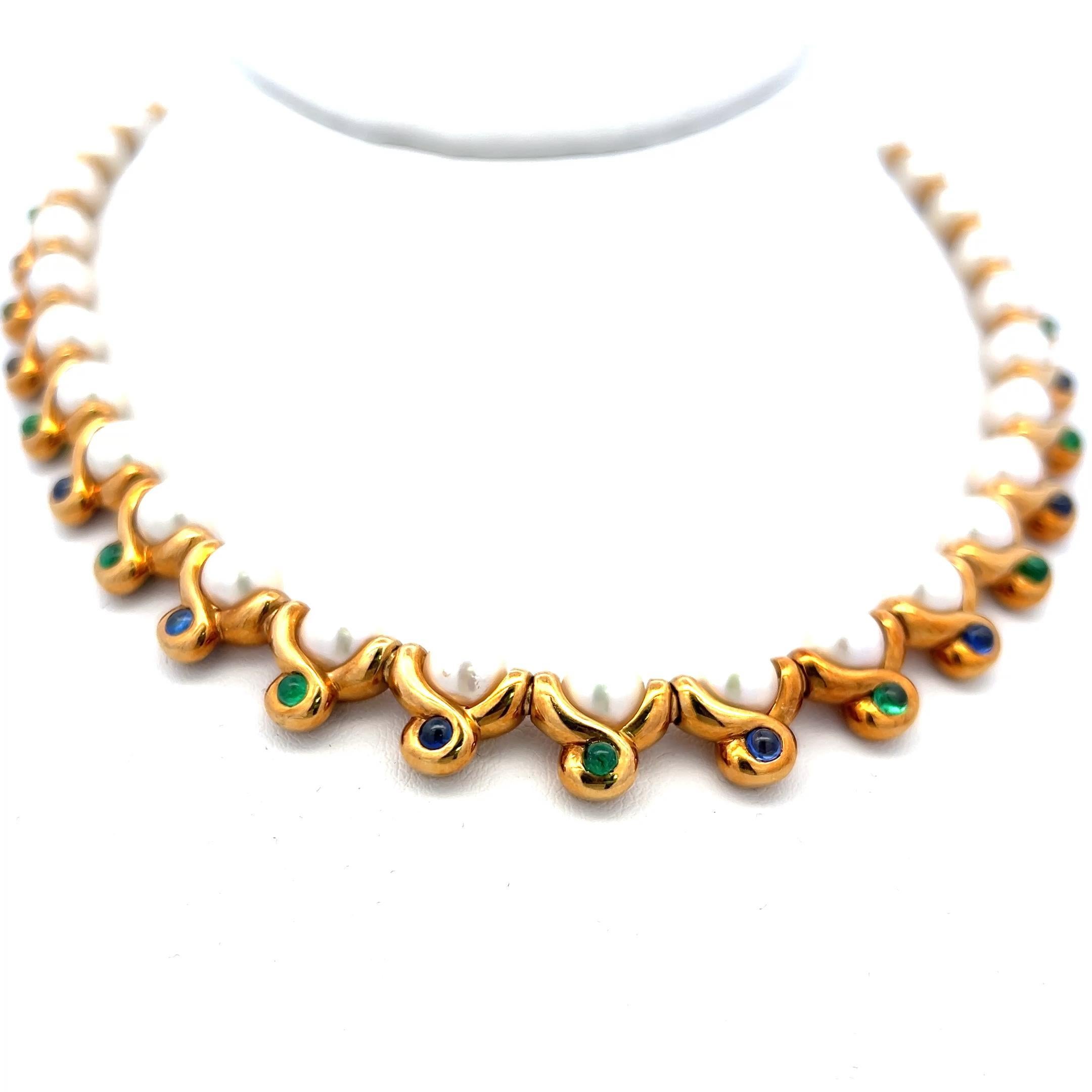2,60 Karat Smaragd und Saphir 6.1-7.1MM Perle 18K YG Gliederhalskette