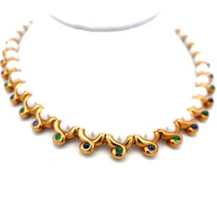 2,60 Karat Smaragd und Saphir 6.1-7.1MM Perle 18K YG Gliederhalskette