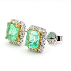 2.60 Carat Emerald Cut Emerald and Diamond Halo 18K Two Tone Gold Stud Earring