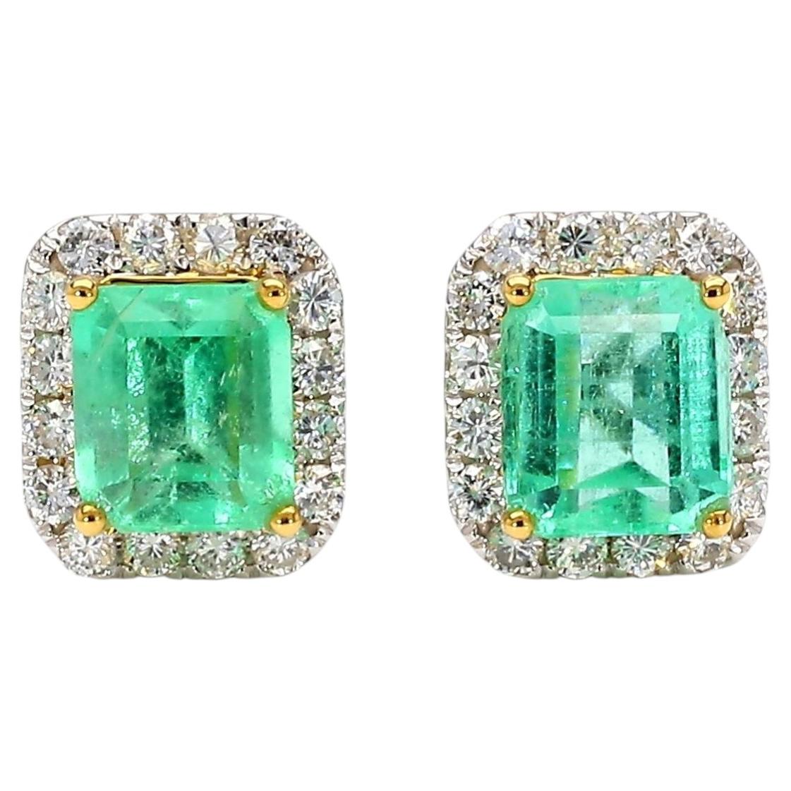 2.60 Carat Emerald Cut Emerald and Diamond Halo 18K Two Tone Gold Stud Earring