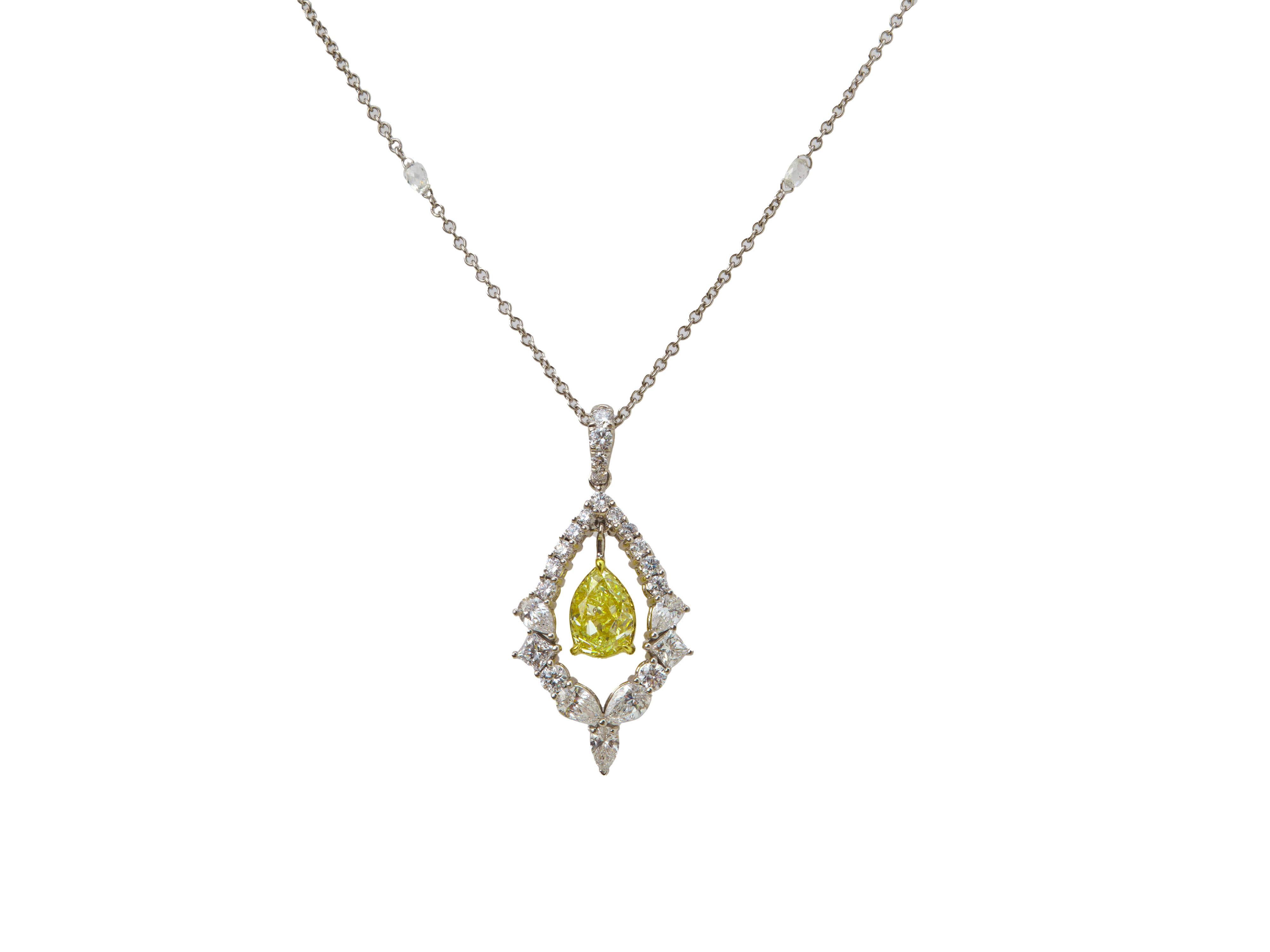 Pear Cut 6.93 Carat Fancy Yellow and White Diamond  Necklace 18K White Gold GIA Certified For Sale