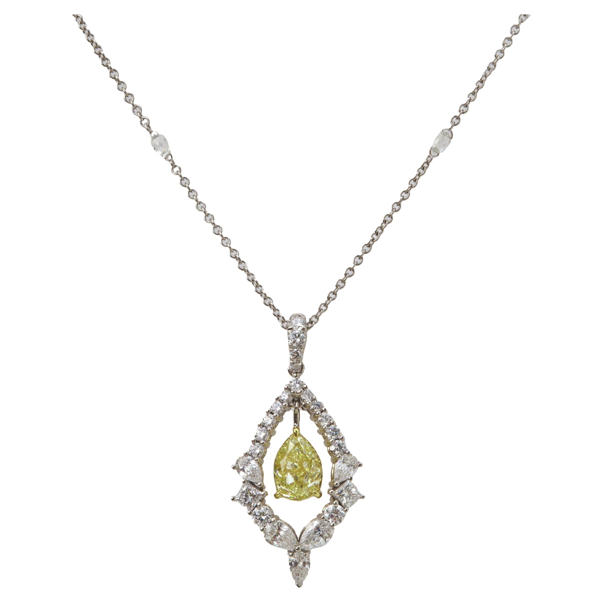6.93 Carat Fancy Yellow and White Diamond  Necklace 18K White Gold GIA Certified For Sale