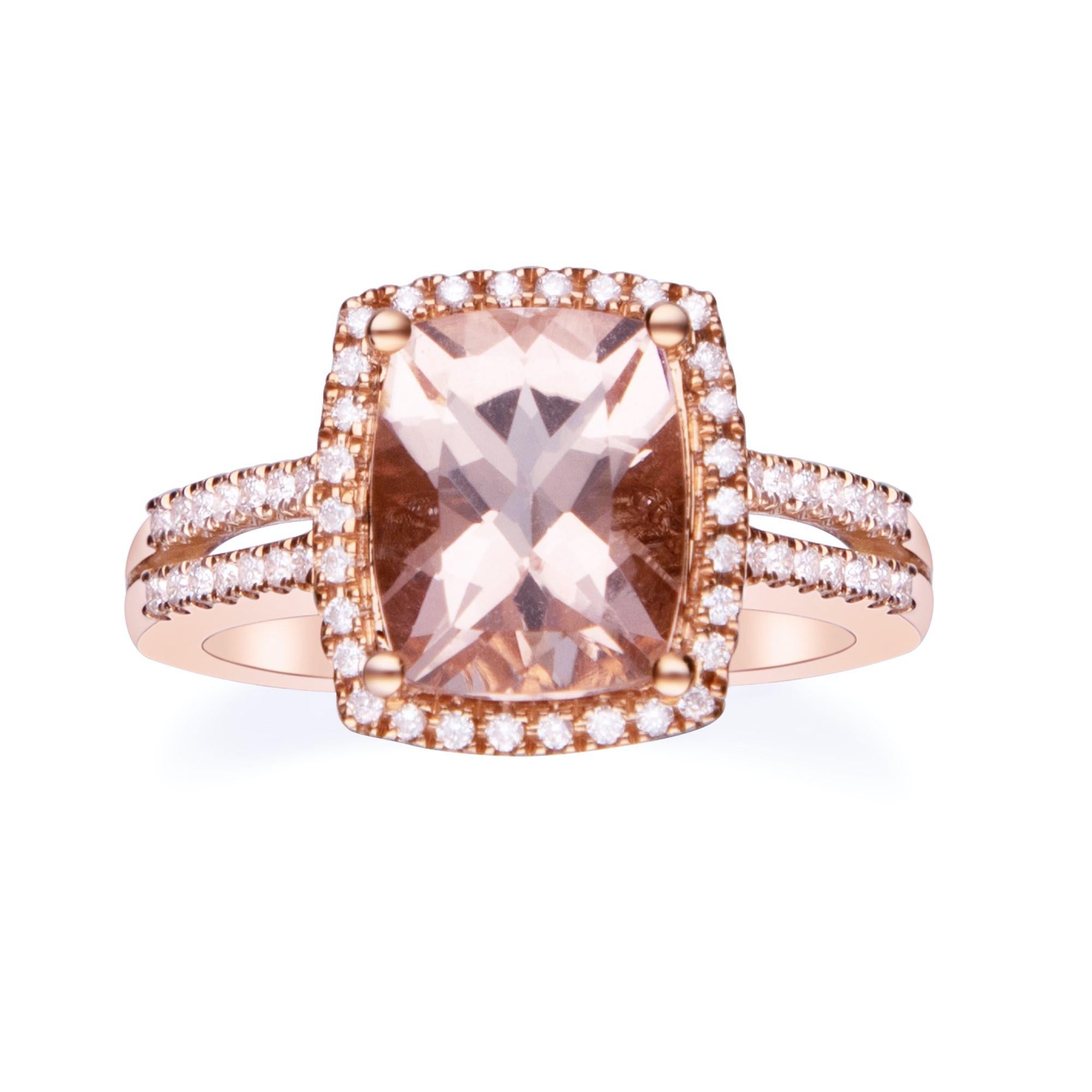 This beautiful Morganite ring is crafted in 14-karat Rose gold and features a 2.60 carat Genuine cushion cut Morganite, 58 Round White Diamonds in GH- I1 quality with 0.25 carat in a prong-setting. This ring comes in sizes 6 to 9, and it is a