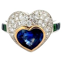 2.60 Carat Heart Blue Sapphire, Diamond and Emerald Platinum and Gold Ring