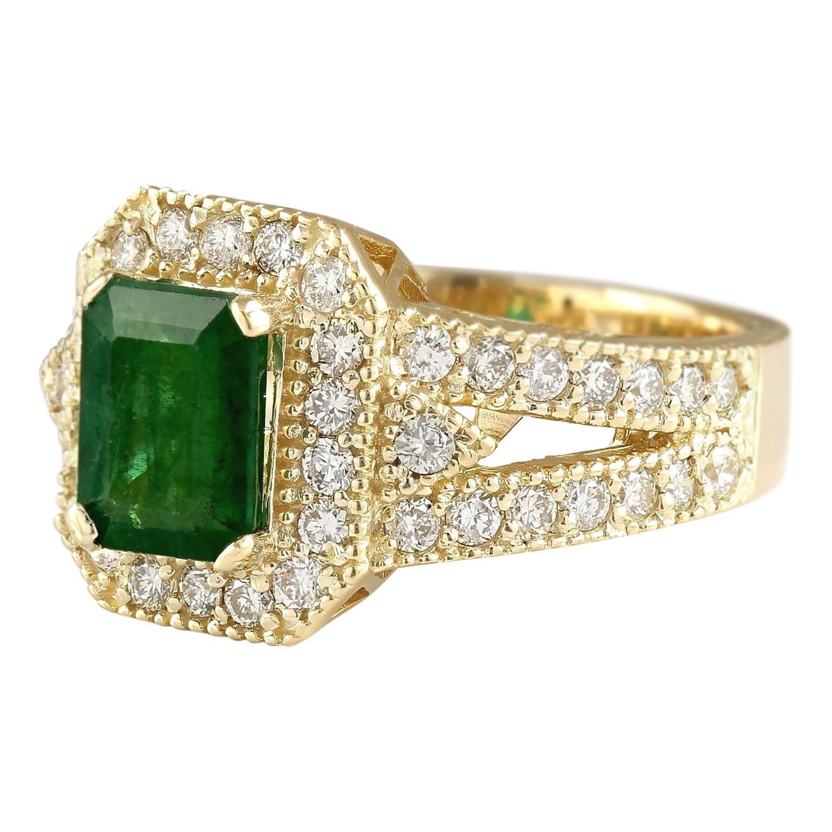 2.60 Carat Natural Emerald 14 Karat Yellow Gold Diamond Ring
Stamped: 14K Yellow Gold
Total Ring Weight: 7.5 Grams
Emerald Weight is 1.60 Carat (Measures: 8.00x6.00 mm)
Diamond Weight is 1.00 Carat
Color: F-G, Clarity: VS2-SI1
Face Measures: