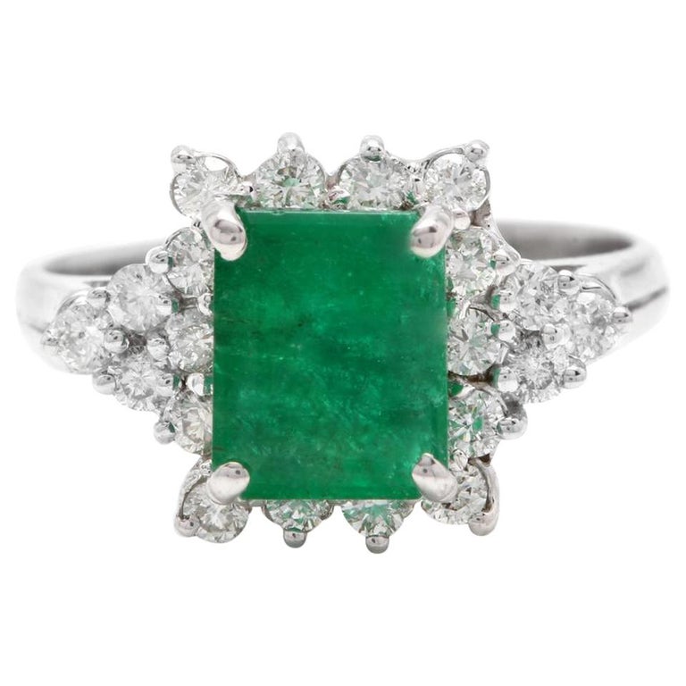 Bague Fiançailles Or Blanc 14 Carats émeraude Naturelle Et Diamant