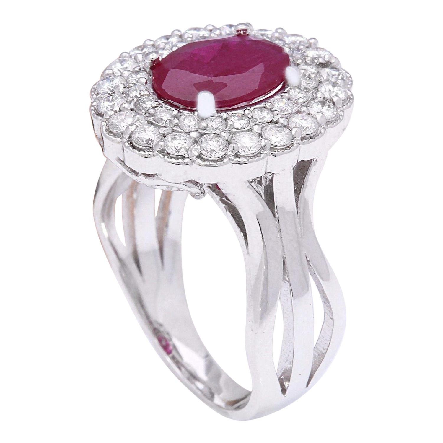 Oval Cut Natural Ruby 14 Karat Solid White Gold Diamond Ring For Sale