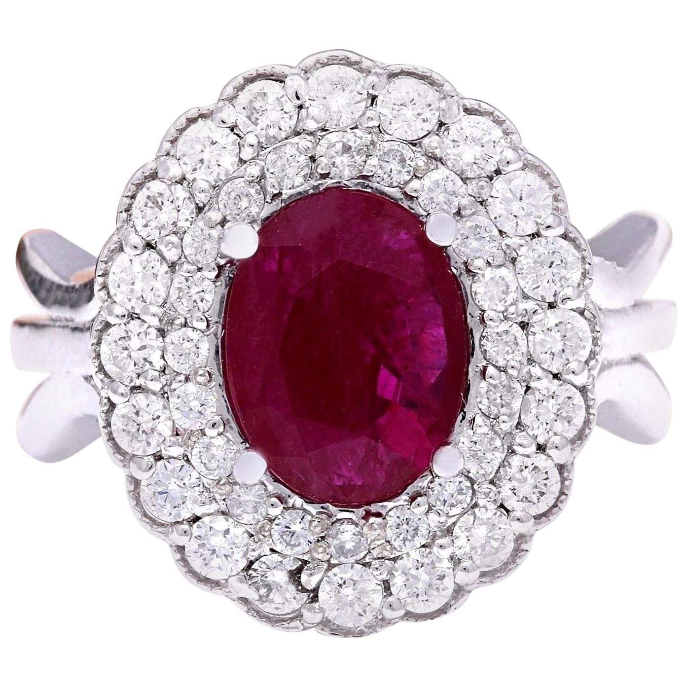 Bague en or blanc massif 14 carats avec rubis naturel et diamants