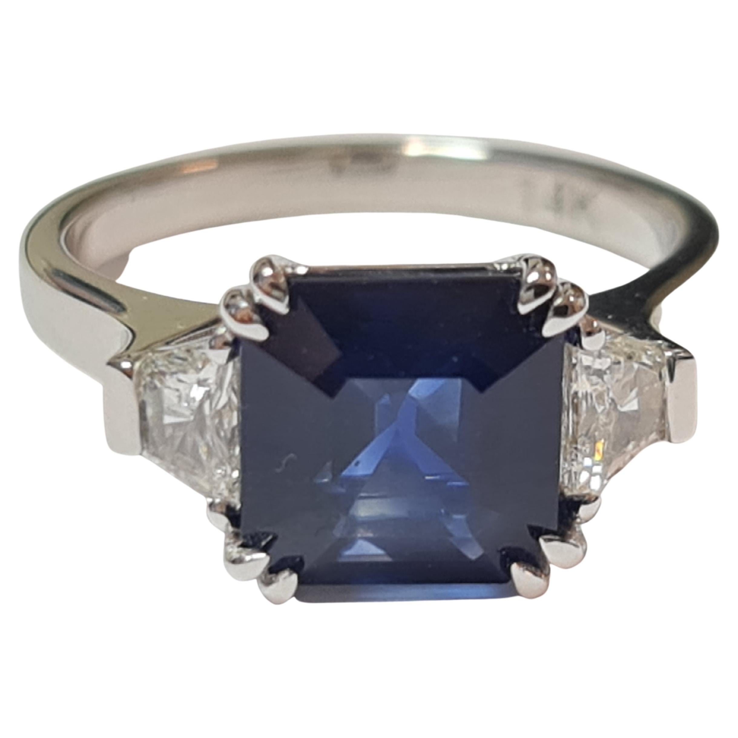 2.60 Carat Natural Sapphire Diamond Ring, 3 Stone Engagement Ring
