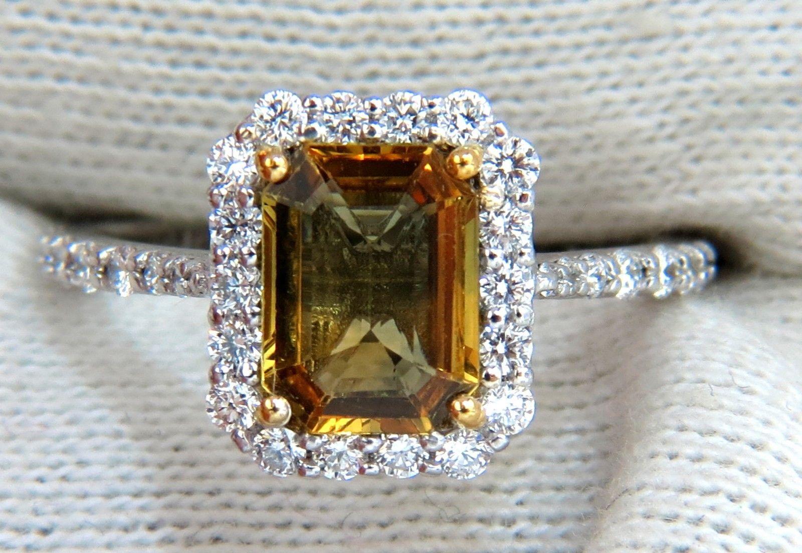 Emerald Cut 2.60 Carat Natural Vivid Golden Sapphire Diamonds Ring 14 Karat Halo Classic For Sale